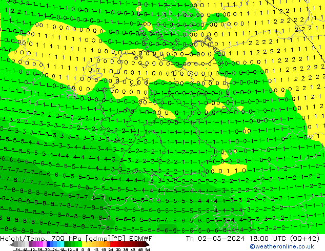 Height/Temp. 700 hPa ECMWF Th 02.05.2024 18 UTC