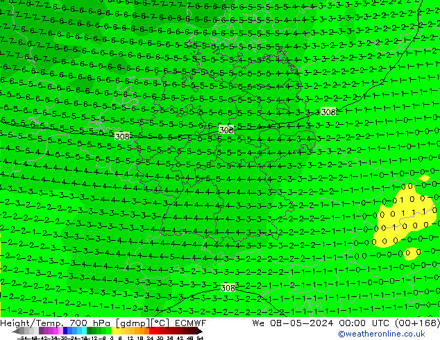 Géop./Temp. 700 hPa ECMWF mer 08.05.2024 00 UTC