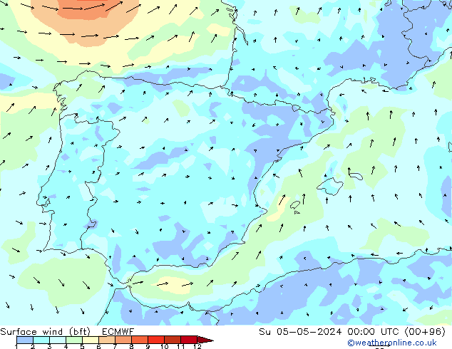 Viento 10 m (bft) ECMWF dom 05.05.2024 00 UTC