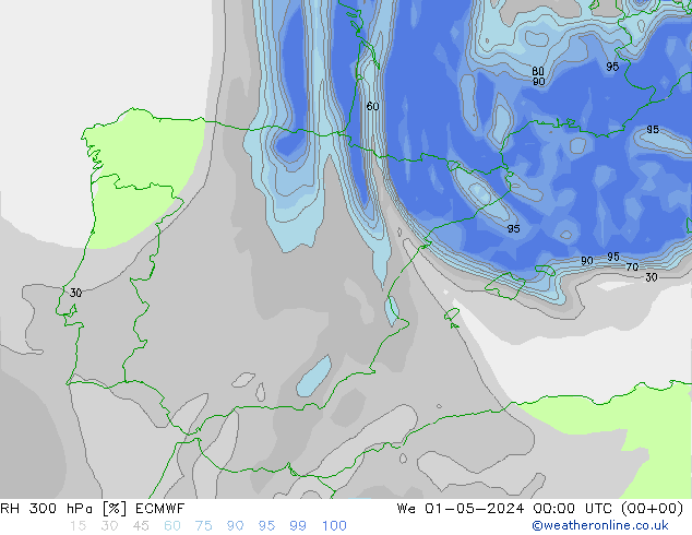 RH 300 hPa ECMWF śro. 01.05.2024 00 UTC