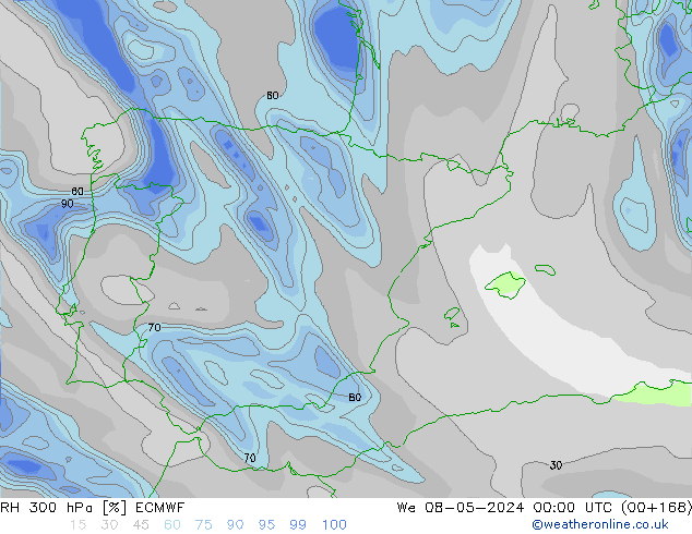 RH 300 hPa ECMWF śro. 08.05.2024 00 UTC