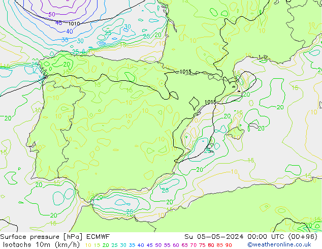 Isotachs (kph) ECMWF Su 05.05.2024 00 UTC