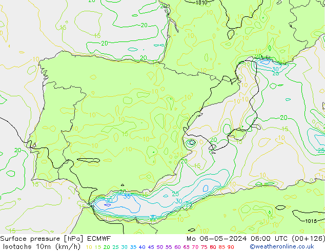 Isotachen (km/h) ECMWF Mo 06.05.2024 06 UTC