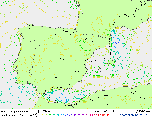 Isotachs (kph) ECMWF Tu 07.05.2024 00 UTC