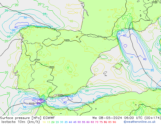 Izotacha (km/godz) ECMWF śro. 08.05.2024 06 UTC