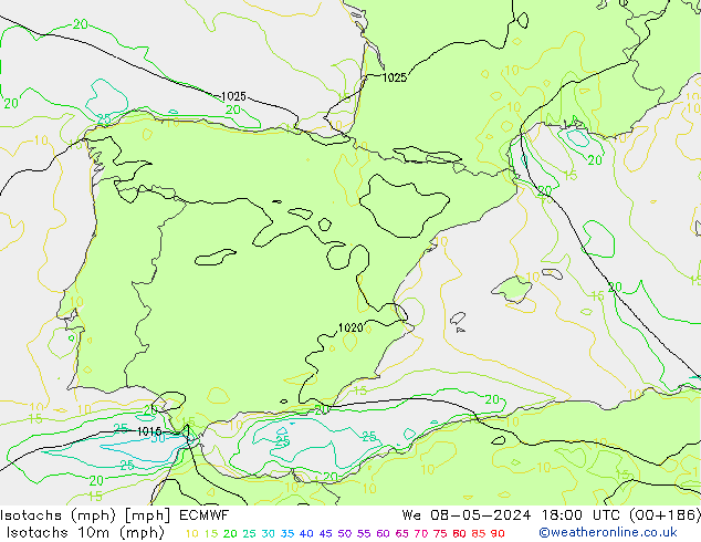 Isotachen (mph) ECMWF wo 08.05.2024 18 UTC