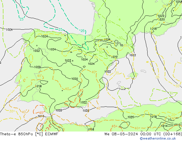 Theta-e 850hPa ECMWF St 08.05.2024 00 UTC