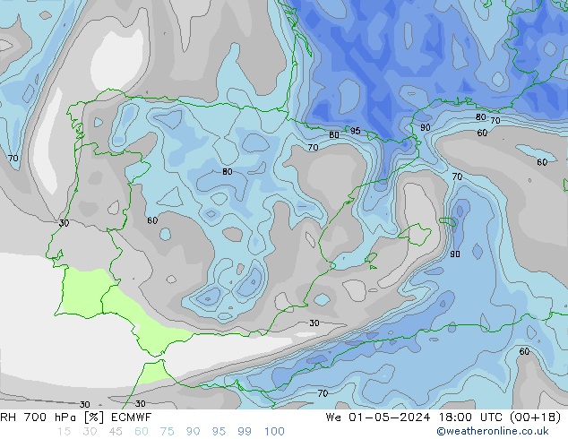 RH 700 hPa ECMWF We 01.05.2024 18 UTC