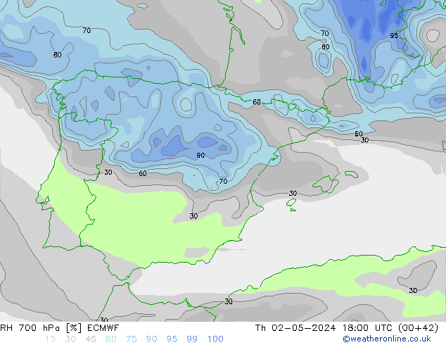 RH 700 hPa ECMWF czw. 02.05.2024 18 UTC