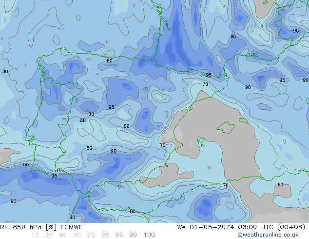 RH 850 гПа ECMWF ср 01.05.2024 06 UTC