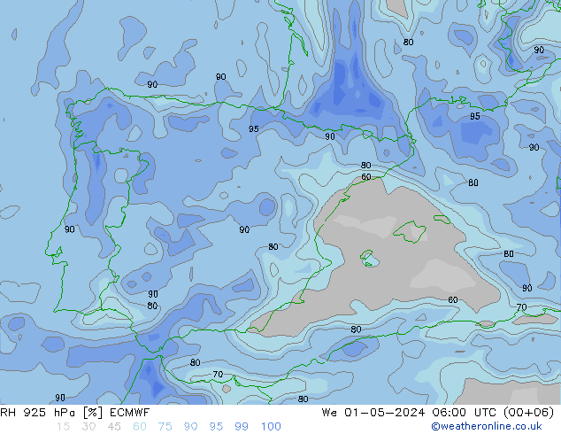 Humidité rel. 925 hPa ECMWF mer 01.05.2024 06 UTC