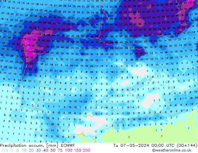 Precipitation accum. ECMWF Tu 07.05.2024 00 UTC