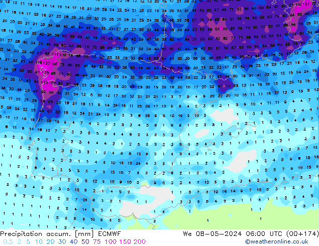 Precipitation accum. ECMWF śro. 08.05.2024 06 UTC