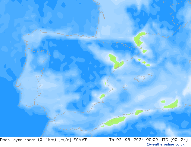 Deep layer shear (0-1km) ECMWF jeu 02.05.2024 00 UTC