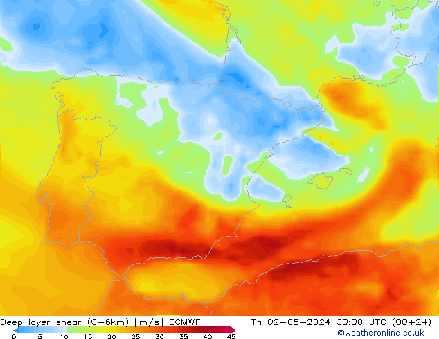 Deep layer shear (0-6km) ECMWF Qui 02.05.2024 00 UTC