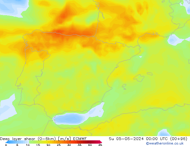 Deep layer shear (0-6km) ECMWF Su 05.05.2024 00 UTC