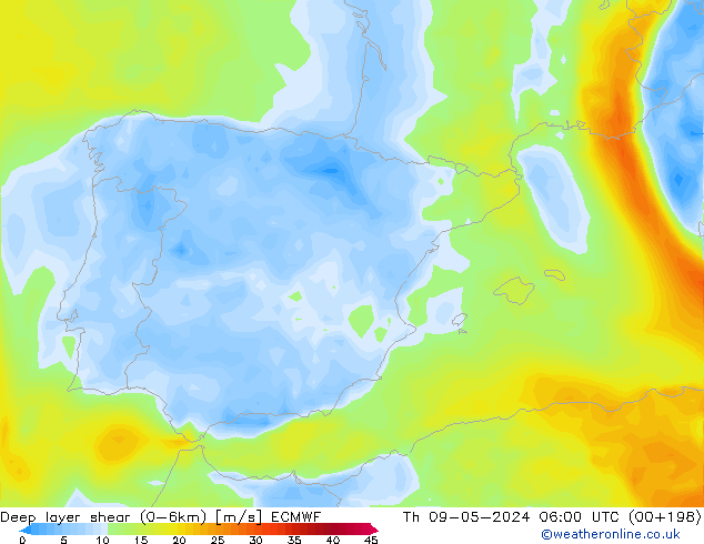 Deep layer shear (0-6km) ECMWF jeu 09.05.2024 06 UTC