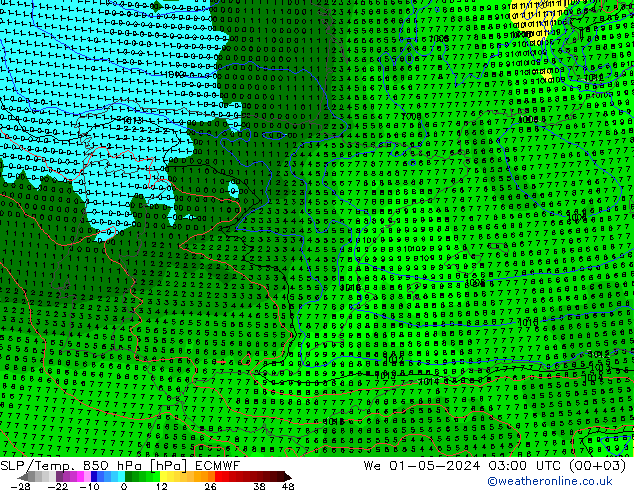 850 hPa Yer Bas./Sıc ECMWF Çar 01.05.2024 03 UTC