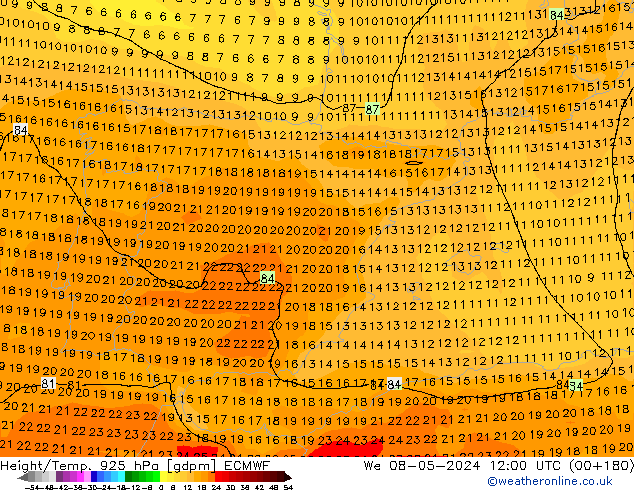 Height/Temp. 925 hPa ECMWF We 08.05.2024 12 UTC