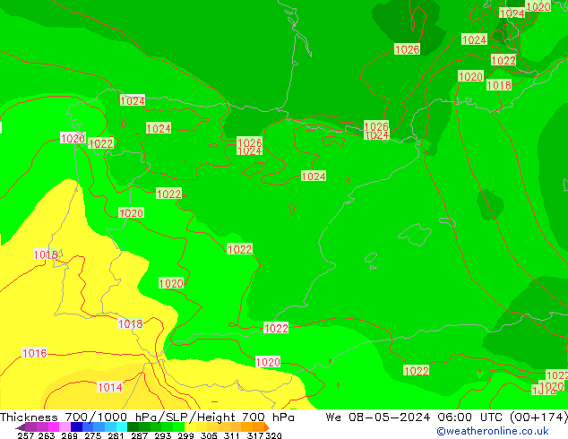 Thck 700-1000 hPa ECMWF śro. 08.05.2024 06 UTC