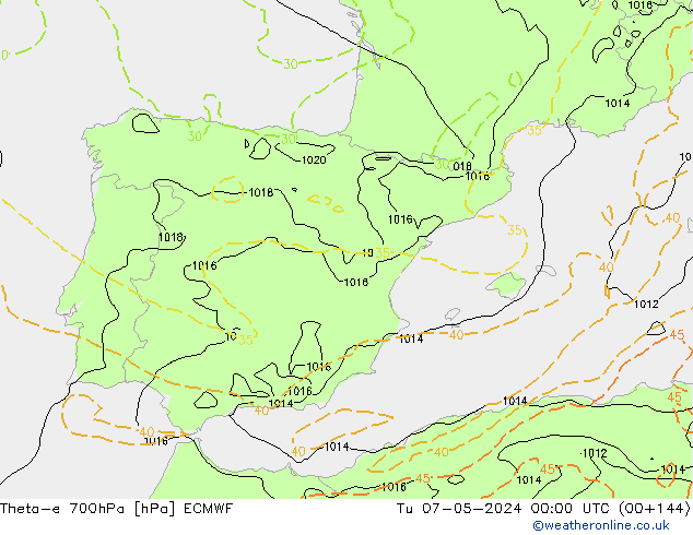 Theta-e 700hPa ECMWF Tu 07.05.2024 00 UTC