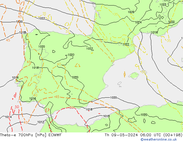 Theta-e 700hPa ECMWF jeu 09.05.2024 06 UTC