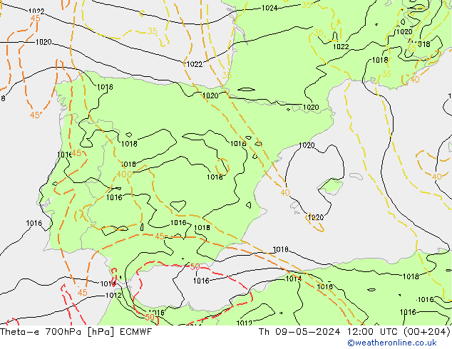 Theta-e 700hPa ECMWF jue 09.05.2024 12 UTC