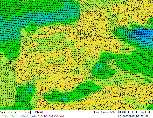 wiatr 10 m ECMWF pt. 03.05.2024 00 UTC