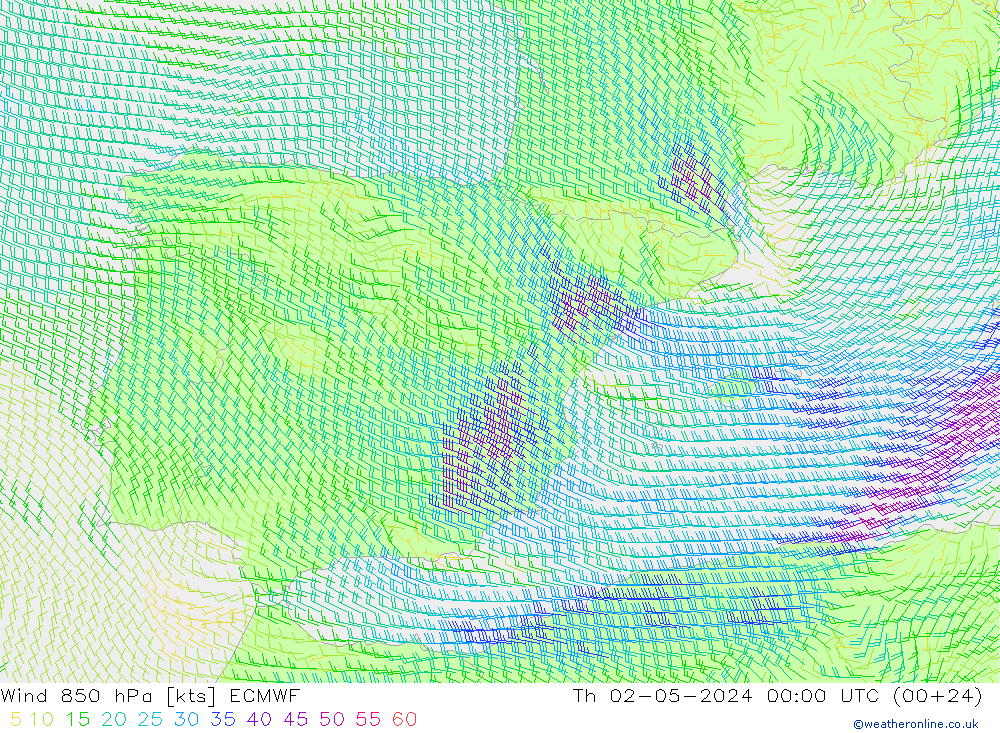 Vento 850 hPa ECMWF Qui 02.05.2024 00 UTC