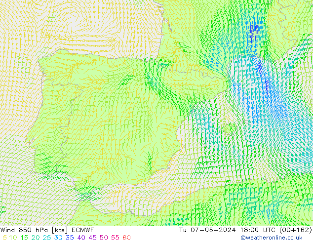 Wind 850 hPa ECMWF Tu 07.05.2024 18 UTC