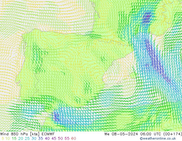 wiatr 850 hPa ECMWF śro. 08.05.2024 06 UTC