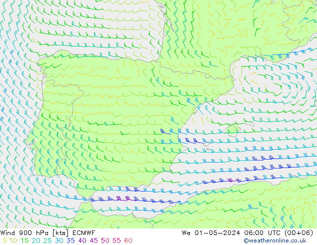 wiatr 900 hPa ECMWF śro. 01.05.2024 06 UTC