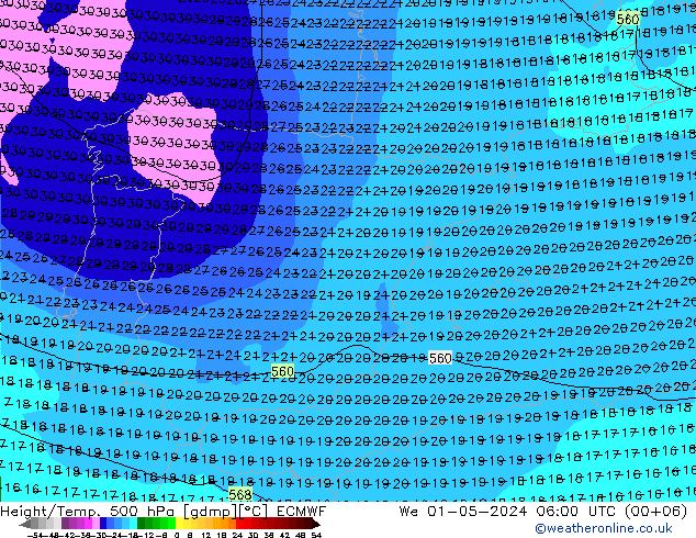 Z500/Rain (+SLP)/Z850 ECMWF śro. 01.05.2024 06 UTC