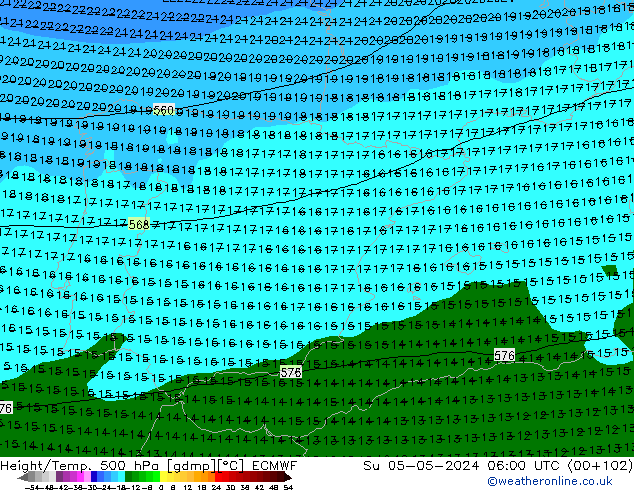 Z500/Rain (+SLP)/Z850 ECMWF Su 05.05.2024 06 UTC