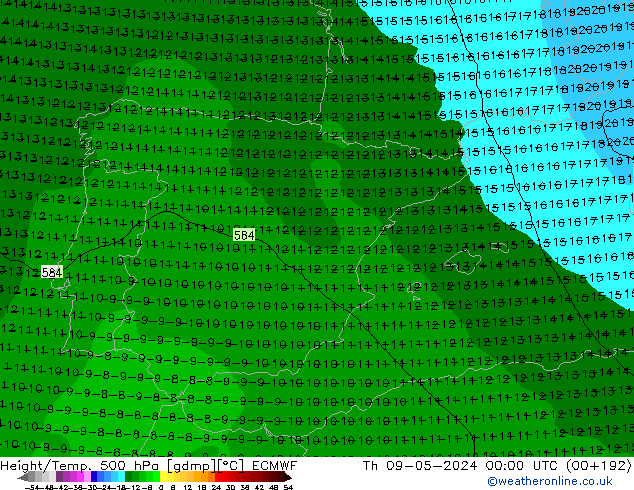 Z500/Rain (+SLP)/Z850 ECMWF Qui 09.05.2024 00 UTC