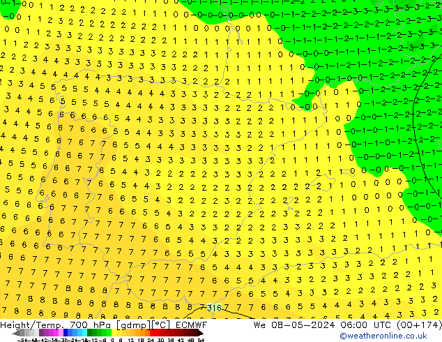 Height/Temp. 700 hPa ECMWF śro. 08.05.2024 06 UTC