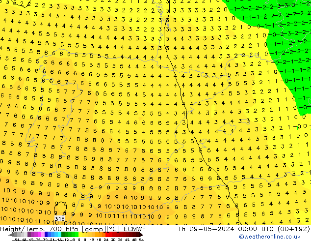 Height/Temp. 700 hPa ECMWF Th 09.05.2024 00 UTC