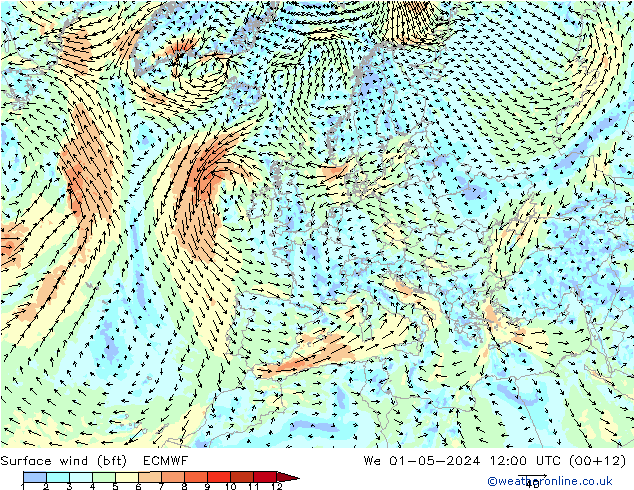 Vento 10 m (bft) ECMWF mer 01.05.2024 12 UTC