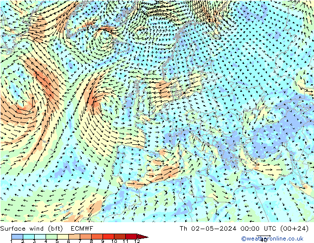 Bodenwind (bft) ECMWF Do 02.05.2024 00 UTC