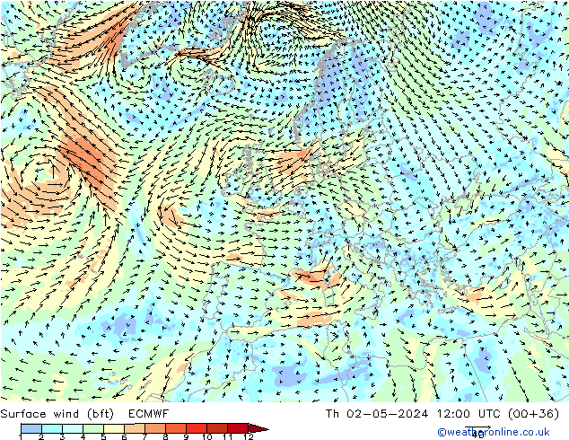 Rüzgar 10 m (bft) ECMWF Per 02.05.2024 12 UTC