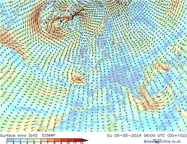 Surface wind (bft) ECMWF Su 05.05.2024 06 UTC