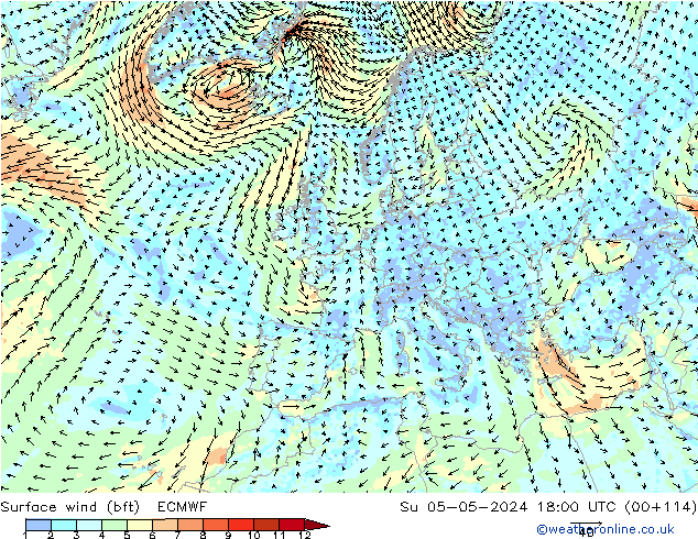 Surface wind (bft) ECMWF Su 05.05.2024 18 UTC