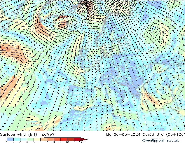 Bodenwind (bft) ECMWF Mo 06.05.2024 06 UTC