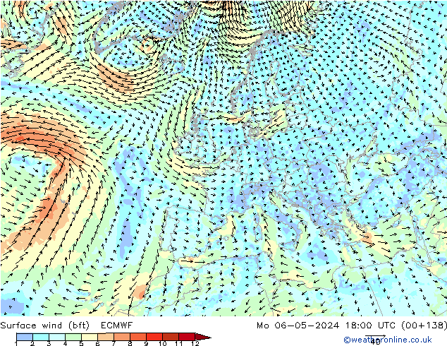 Surface wind (bft) ECMWF Mo 06.05.2024 18 UTC