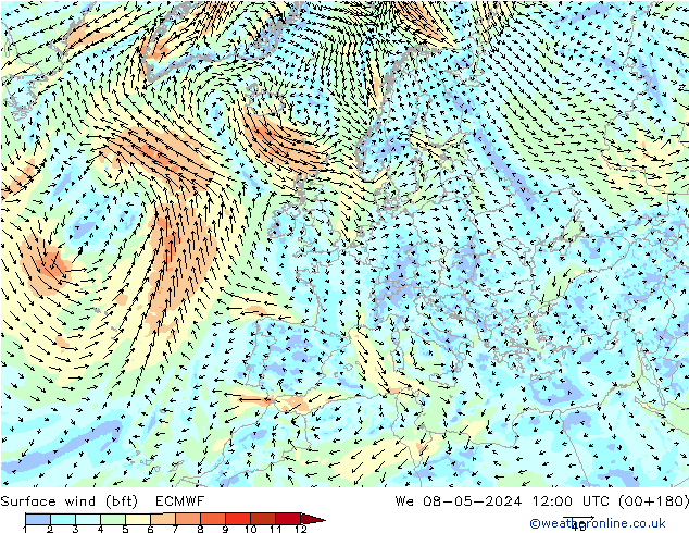 Bodenwind (bft) ECMWF Mi 08.05.2024 12 UTC