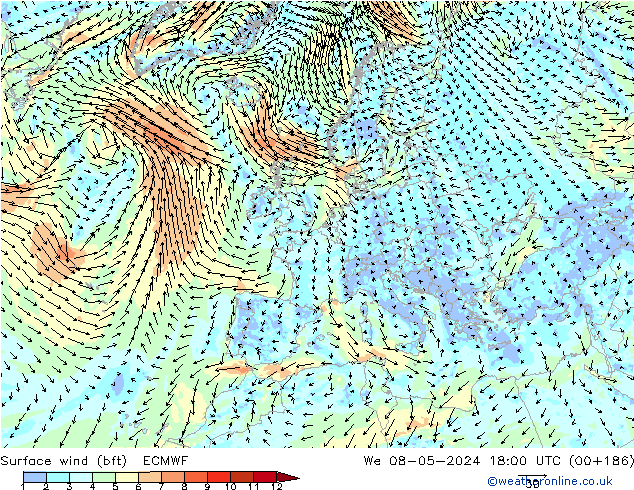 Surface wind (bft) ECMWF We 08.05.2024 18 UTC