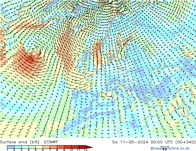 Bodenwind (bft) ECMWF Sa 11.05.2024 00 UTC