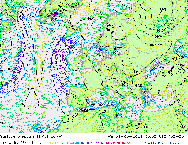 Isotachs (kph) ECMWF We 01.05.2024 03 UTC