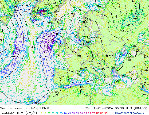 Isotachs (kph) ECMWF mer 01.05.2024 06 UTC