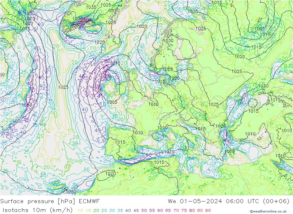 Isotachen (km/h) ECMWF Mi 01.05.2024 06 UTC